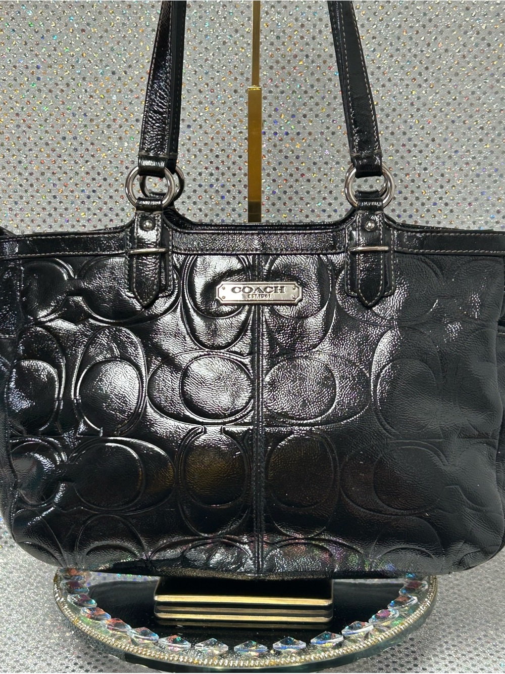 COACH Black Patent Leather Signature Tote Approx. 15.5 x 10 x 4.5